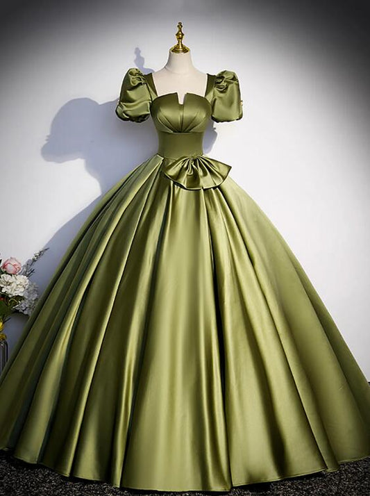 Green Satin Short Sleeve Floor Length Formal Dress, Green A-Line Prom Dress