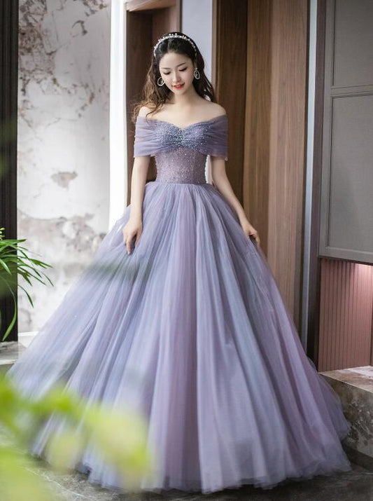 Purple Tulle Beaded Floor Length Prom Dress, Off Shoulder A-Line Evening Dress