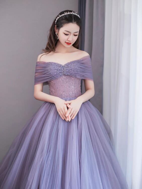 Purple Tulle Beaded Floor Length Prom Dress, Off Shoulder A-Line Evening Dress