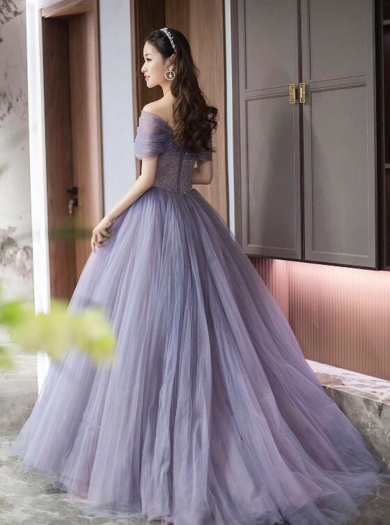 Purple Tulle Beaded Floor Length Prom Dress, Off Shoulder A-Line Evening Dress