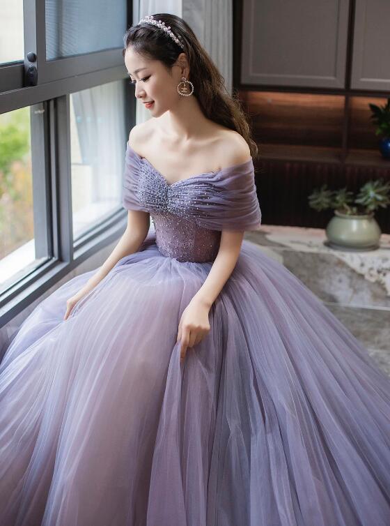 Purple Tulle Beaded Floor Length Prom Dress, Off Shoulder A-Line Evening Dress