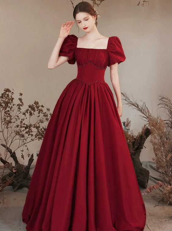 Burgundy Satin Formal Evening Gown with Puff Sleeve, A-Line Long Prom Dress