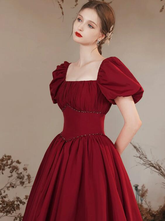 Burgundy Satin Formal Evening Gown with Puff Sleeve, A-Line Long Prom Dress