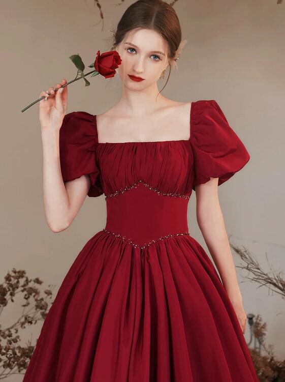 Burgundy Satin Formal Evening Gown with Puff Sleeve, A-Line Long Prom Dress