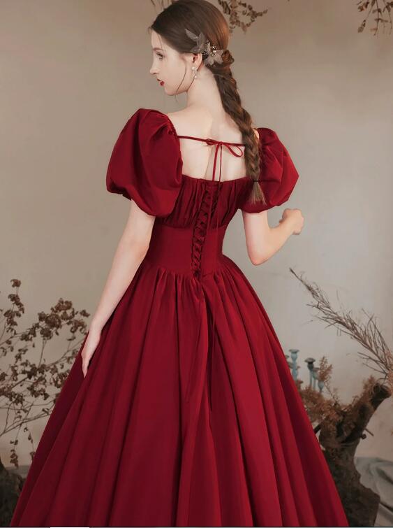 Burgundy Satin Formal Evening Gown with Puff Sleeve, A-Line Long Prom Dress