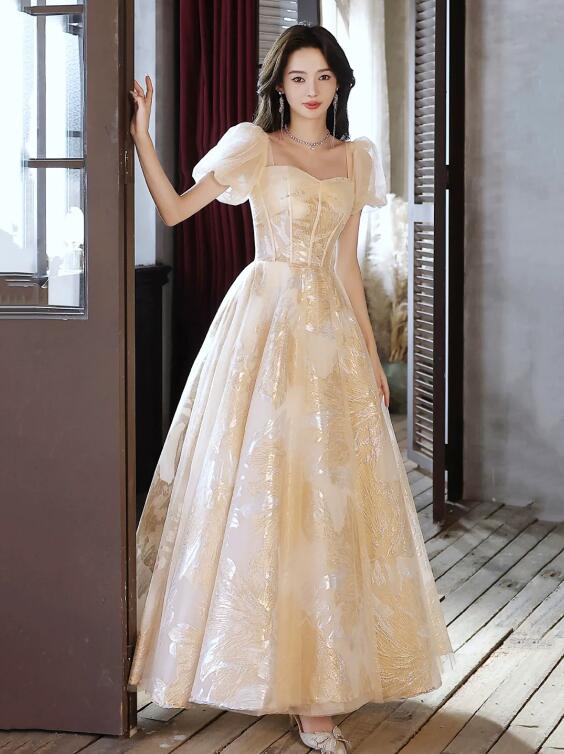 Champagne Tulle Floor Length Prom Dress, Cute Short Sleeve Evening Dress