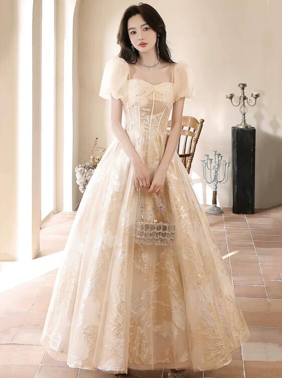 Champagne Tulle Floor Length Prom Dress, Cute Short Sleeve Evening Dress