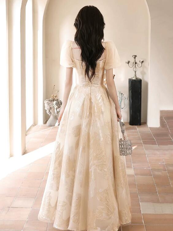 Champagne Tulle Floor Length Prom Dress, Cute Short Sleeve Evening Dress