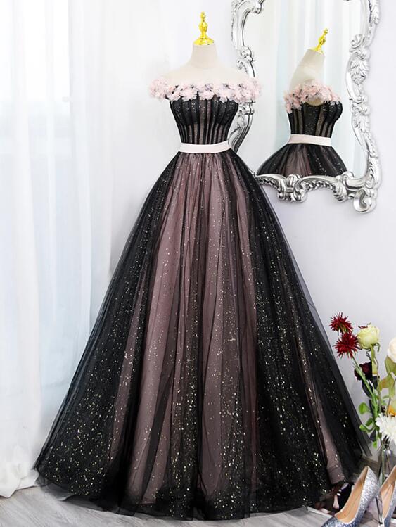 Black Tulle and Pink Flowers Party Dress, Black Off Shoulder Sweet 16 Dress