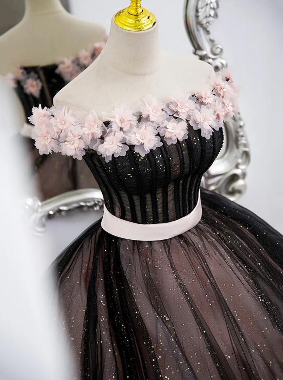 Black Tulle and Pink Flowers Party Dress, Black Off Shoulder Sweet 16 Dress