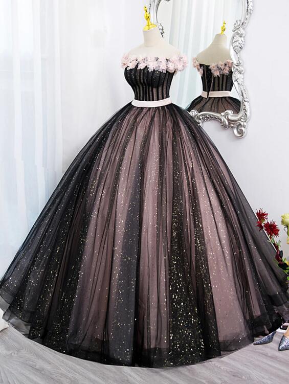 Black Tulle and Pink Flowers Party Dress, Black Off Shoulder Sweet 16 Dress