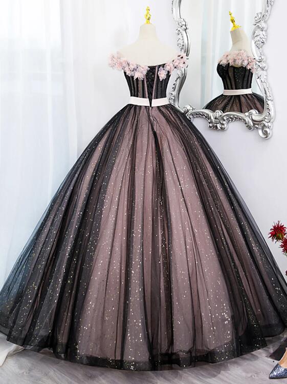 Black Tulle and Pink Flowers Party Dress, Black Off Shoulder Sweet 16 Dress