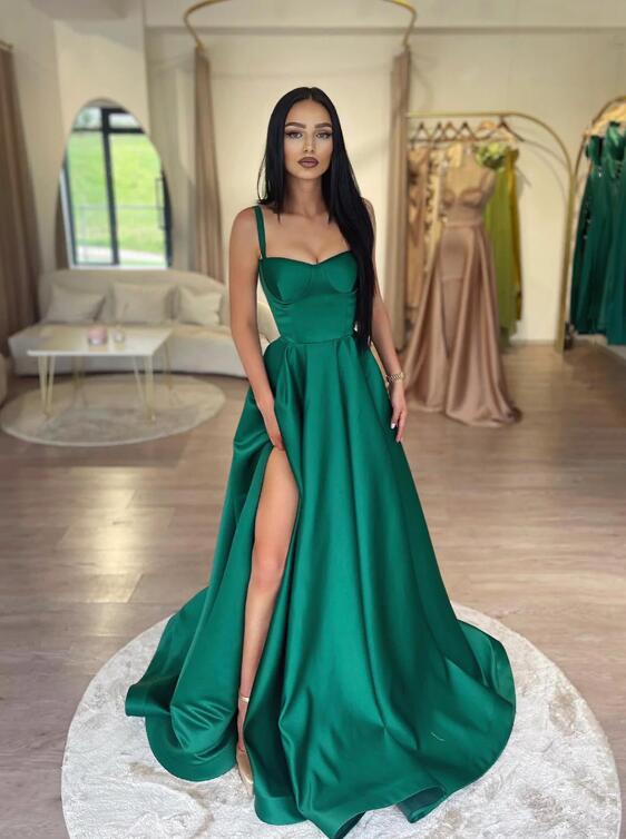 Dark Green Satin A-Line Spaghetti Straps Long Prom Dresses with Split