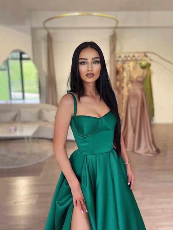 Dark Green Satin A-Line Spaghetti Straps Long Prom Dresses with Split