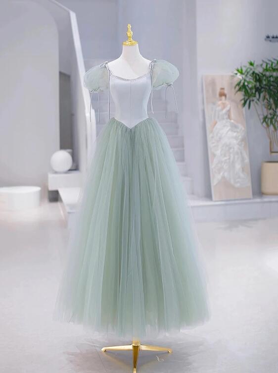 Green Tulle Floor Length Prom Dress, Green Short Sleeve Evening Party Dress