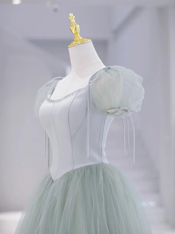 Green Tulle Floor Length Prom Dress, Green Short Sleeve Evening Party Dress