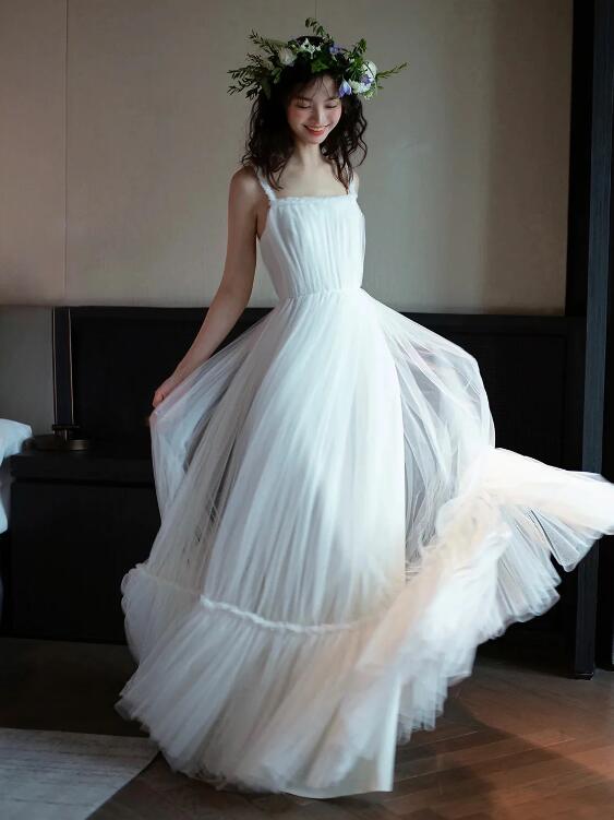 White Tulle Long A-Line Prom Dress, White Floor Length Evening Formal Dress