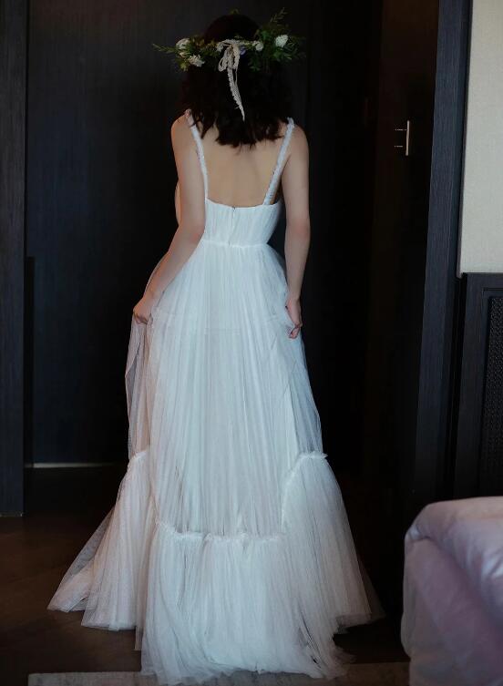 White Tulle Long A-Line Prom Dress, White Floor Length Evening Formal Dress