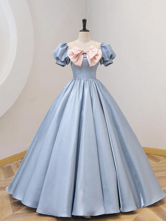 Blue Satin Floor Length Prom Dress with Bow, Blue A-Line Evening Formal Dress