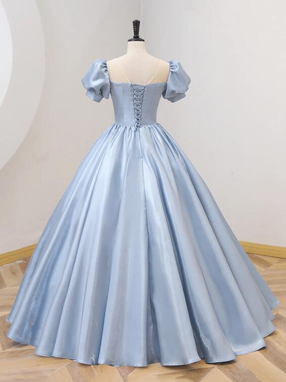 Blue Satin Floor Length Prom Dress with Bow, Blue A-Line Evening Formal Dress