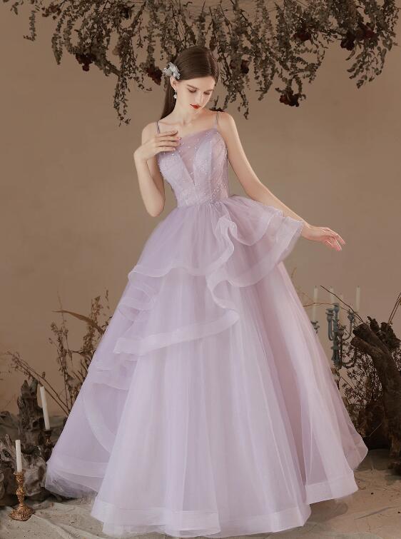 Beautiful Light Purple Tulle Long Prom Dress, Purple A-Line Straps Evening Formal Dress