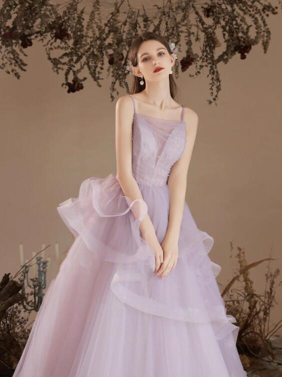 Beautiful Light Purple Tulle Long Prom Dress, Purple A-Line Straps Evening Formal Dress