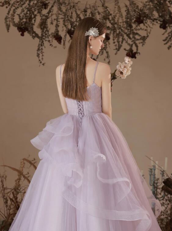 Beautiful Light Purple Tulle Long Prom Dress, Purple A-Line Straps Evening Formal Dress