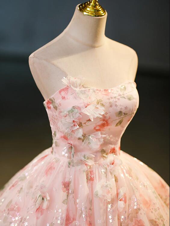 Beautiful Strapless Tulle Flower Long Prom Dress, Pink Ball Gown Formal Dress