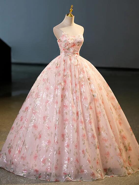 Beautiful Strapless Tulle Flower Long Prom Dress, Pink Ball Gown Formal Dress