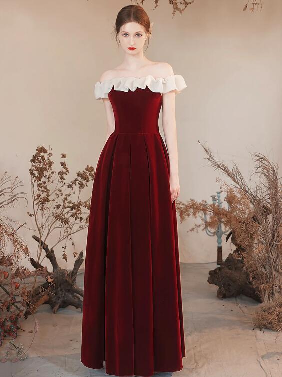 Off the Shoulder Burgundy Velvet Party Dress, Burgundy Floor Length Evening Party Dress