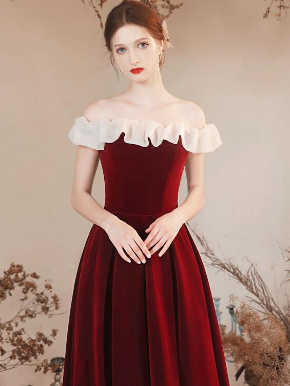 Off the Shoulder Burgundy Velvet Party Dress, Burgundy Floor Length Evening Party Dress