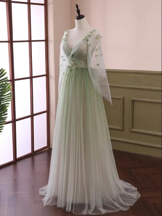 Light Green Tulle Long Sleeve Prom Dress, Green Gradient Floor Length Evening Dress