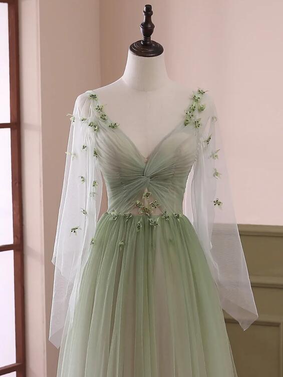 Light Green Tulle Long Sleeve Prom Dress, Green Gradient Floor Length Evening Dress