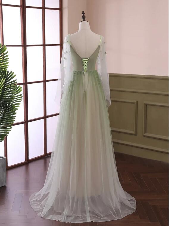 Light Green Tulle Long Sleeve Prom Dress, Green Gradient Floor Length Evening Dress