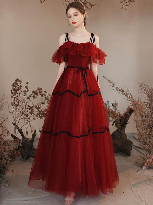 Burgundy Tulle Long Prom Dresses, Burgundy Off Shoulder Evening Party Dresses