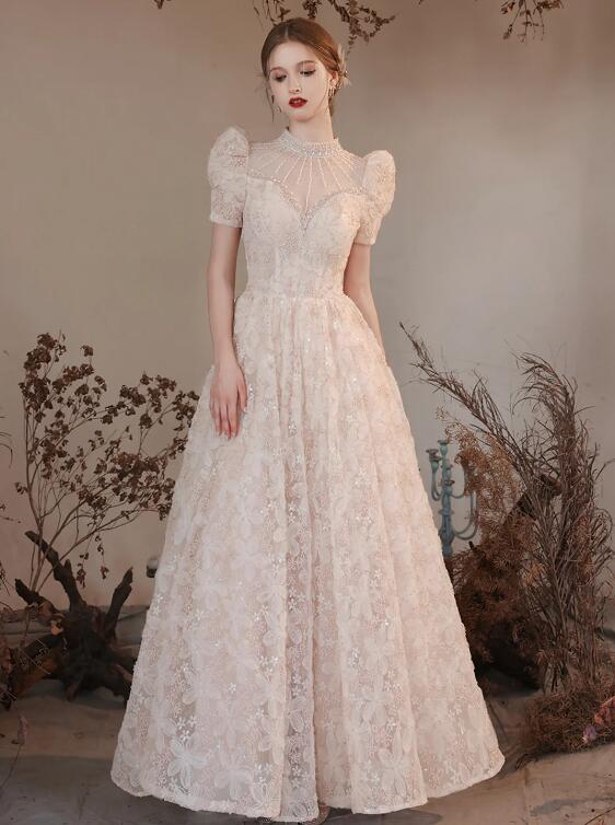 Elegant High Neck Long A Line Princess Dresses, Beautiful Beading Pearl Sequins Light Pink Prom Dresses