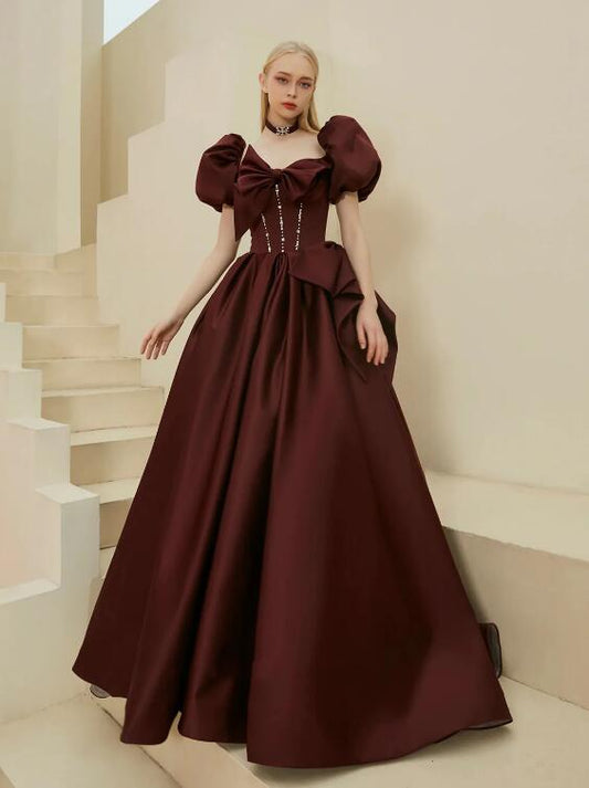 Gorgeous Satin Long Prom Dress, A-Line Puff Sleeve Evening Dress