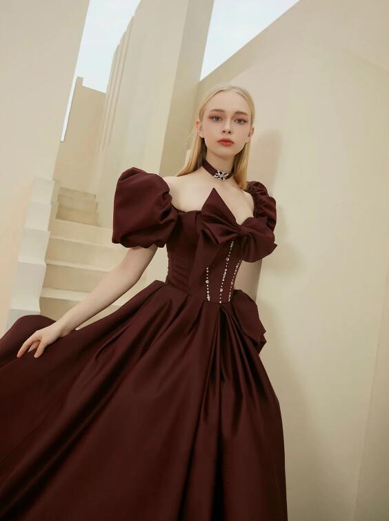 Gorgeous Satin Long Prom Dress, A-Line Puff Sleeve Evening Dress