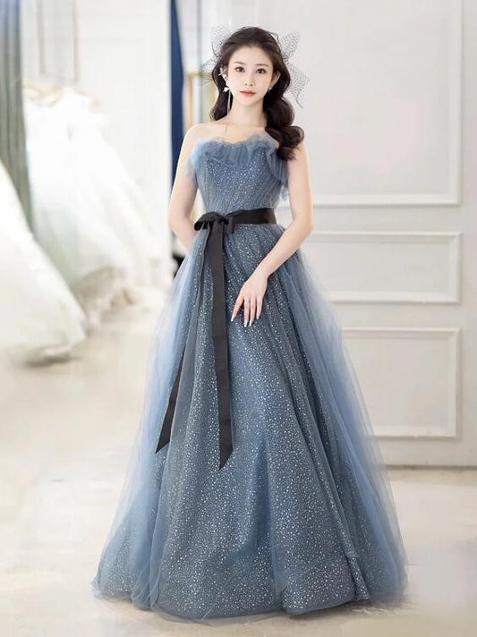 Gray Blue Tulle Long Prom Dress, Beautiful A-Line Strapless Evening Dress