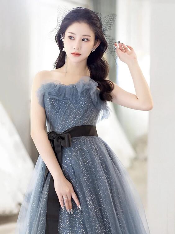 Gray Blue Tulle Long Prom Dress, Beautiful A-Line Strapless Evening Dress