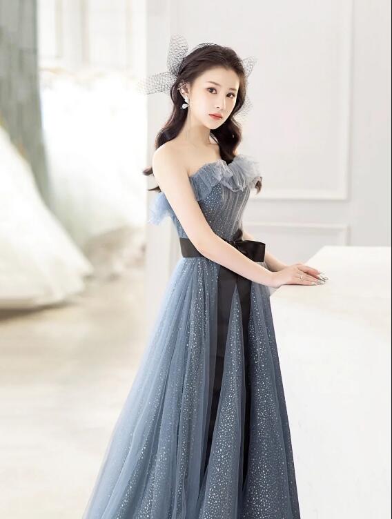 Gray Blue Tulle Long Prom Dress, Beautiful A-Line Strapless Evening Dress