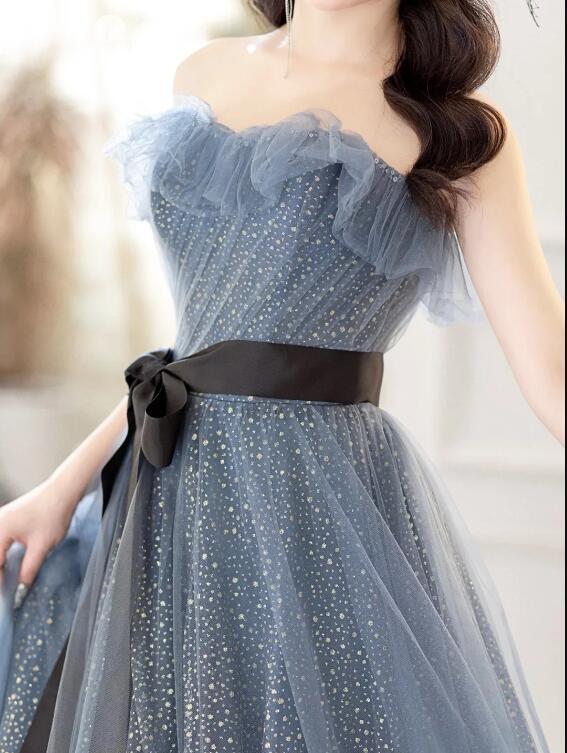 Gray Blue Tulle Long Prom Dress, Beautiful A-Line Strapless Evening Dress