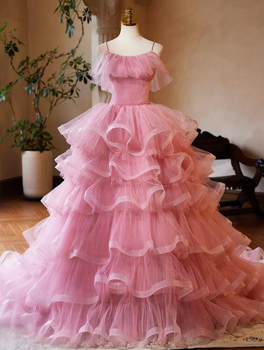 Pink Tulle Layers Long A-Line Prom Dress, Pink Spaghetti Strap Sweet 16 Dress Evening Dress