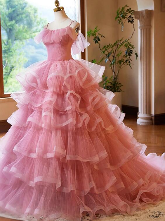 Pink Tulle Layers Long A-Line Prom Dress, Pink Spaghetti Strap Sweet 16 Dress Evening Dress