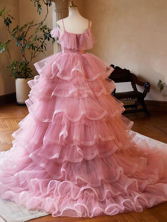 Pink Tulle Layers Long A-Line Prom Dress, Pink Spaghetti Strap Sweet 16 Dress Evening Dress