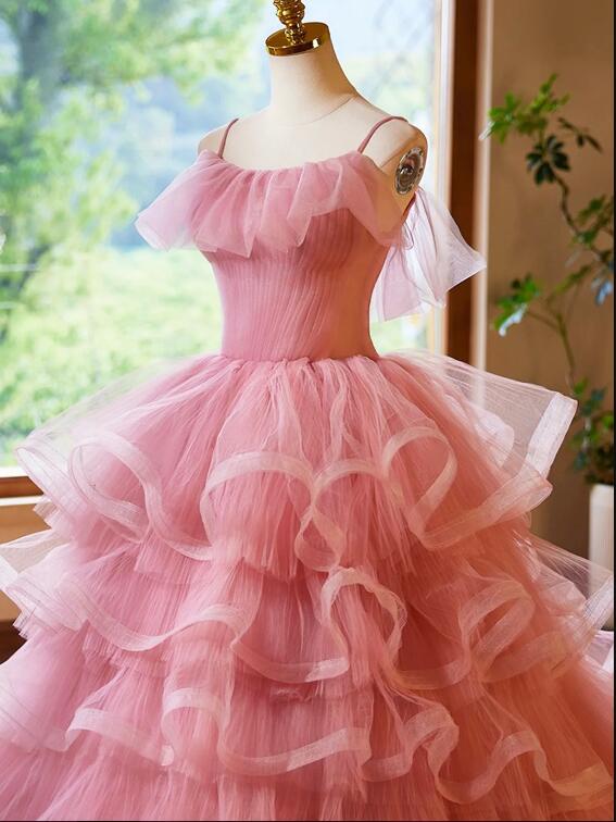 Pink Tulle Layers Long A-Line Prom Dress, Pink Spaghetti Strap Sweet 16 Dress Evening Dress