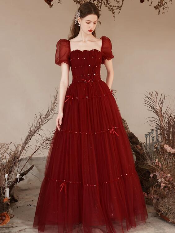 Burgundy Tulle Beaded Floor Length Prom Dress, Cute Short Sleeve Evening Dress