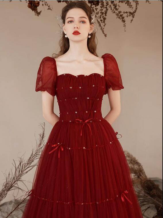 Burgundy Tulle Beaded Floor Length Prom Dress, Cute Short Sleeve Evening Dress