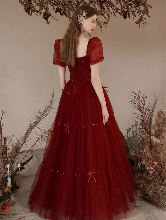 Burgundy Tulle Beaded Floor Length Prom Dress, Cute Short Sleeve Evening Dress