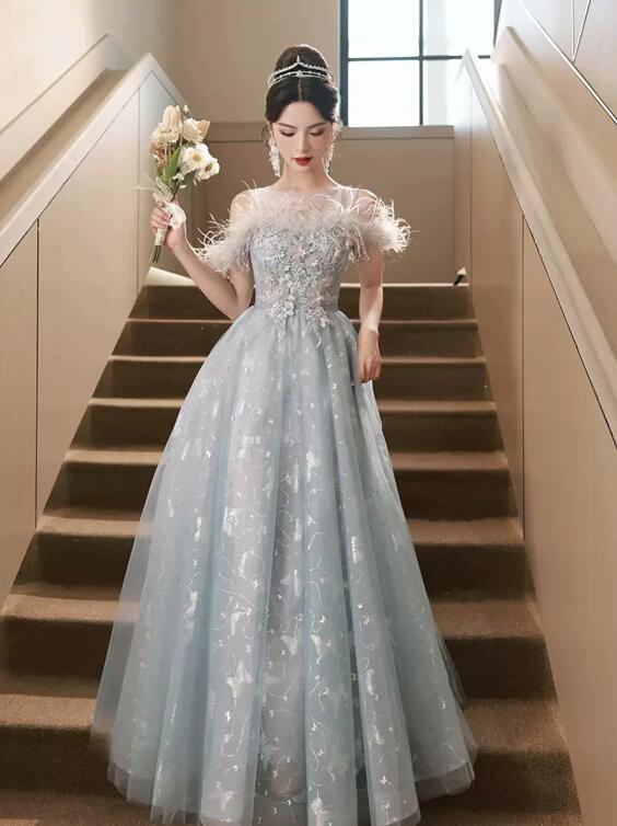 Cute Tulle Lace Long Prom Dress, Light Blue Tulle Off Shoulder Evening Dress